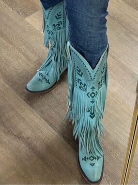 Lane - turquoise fringe boots - size 9